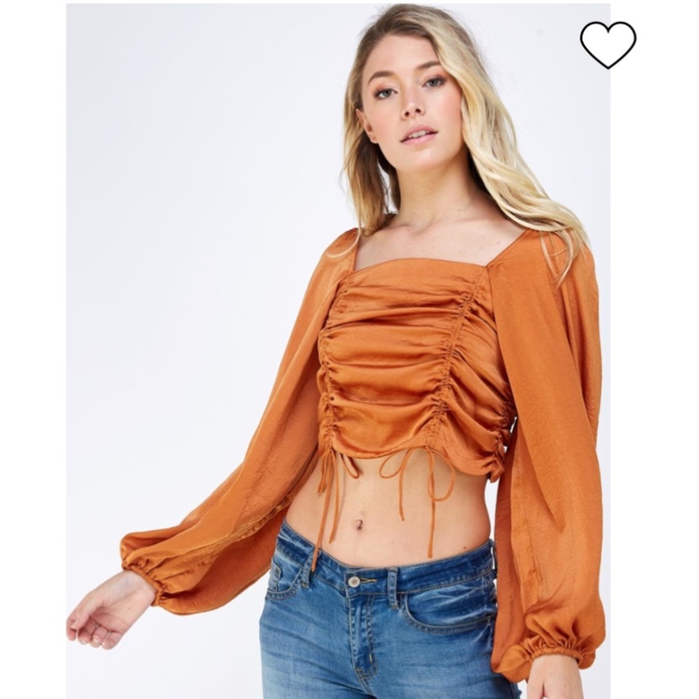 Mable Satin Drawstring Orange Balloon Sleeve Top